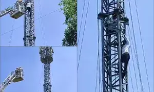 Delhi Police use fire brigade crane to bring down TN farmers from mobile tower