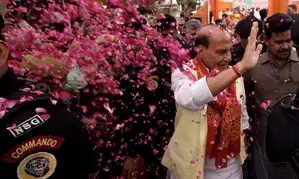 Union Minister Rajnath Singh files nomination from Lucknow, CMs Yogi, Dhami join roadshow