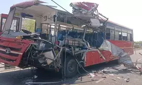 5 killed, 41 injured in ST bus-truck crash on Nashik highway (Lead)
