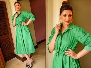 Sonali Bendre exudes cool chic vibe with all-green look, edgy heels, top-notch bun