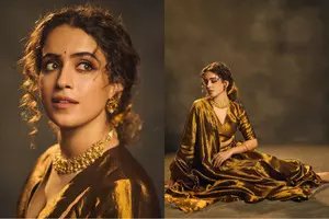 Sanya Malhotra exudes elegance in golden lehenga, ethnic jewellery, &  winged eyeliner