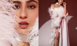 Sara Ali Khan dazzles in white thigh-high slit gown with feather sleeves, dewy makeup