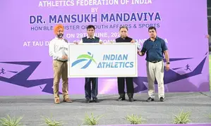 Sports Minister Dr. Mandaviya unveils new AFI logo, meets Olympics-bound athletes