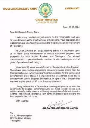 Chandrababu Naidu proposes meeting with Revanth Reddy to discuss post-bifurcation issues