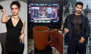 Sanya Malhotra, Varun Dhawan bond over cup of tea on set of Sunny Sanskari Ki Tulsi Kumari