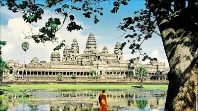 Cambodia restoring Angkor Wat ground floors southern central stairs, Naga balustrade
