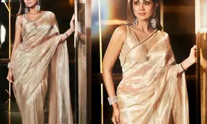 Shilpa Shetty dazzles in golden saree, glossy lips & smokey eyes