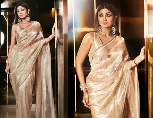 Shilpa Shetty dazzles in golden saree, glossy lips & smokey eyes Shilpa Shetty dazzles in golden saree, glossy lips & smokey eyes