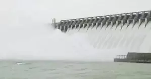 Telangana: 22 crest gates of Nagarjuna Sagar opened to release floodwater Telangana: 22 crest gates of Nagarjuna Sagar opened to release floodwater