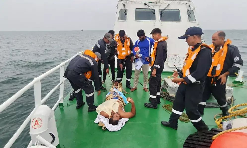 Indian Coast Guard Rescues Burn Victim Fisherman 183 km Off Kakinada Coast