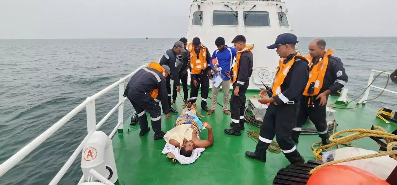 Indian Coast Guard Rescues Burn Victim Fisherman 183 km Off Kakinada Coast Indian Coast Guard Rescues Burn Victim Fisherman 183 km Off Kakinada Coast