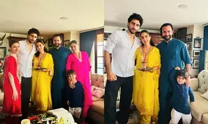Sara Ali Khan ties Rakhi to Ibrahim, Jeh; poses with Saif, Kareena
