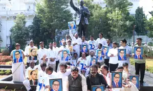 Congress legislators stage sit-in at Ambedkar statue in Telangana Assembly
