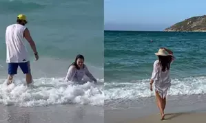 Sonakshi Sinha left stunned as hubby Zaheer Iqbal pushes her into water