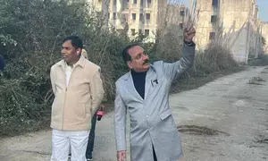 Delhi BJP chief visits EWS flats decaying due to Kejriwal’s ‘political ego’