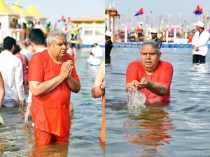 Vice Prez Dhankhar takes holy dip at Mahakumbh; lauds amazing arrangements (Ld)
