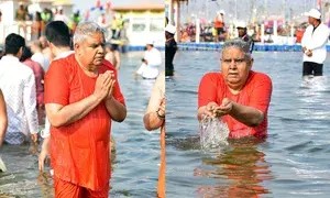 Vice Prez Dhankhar takes holy dip at Mahakumbh; lauds amazing arrangements (Ld)