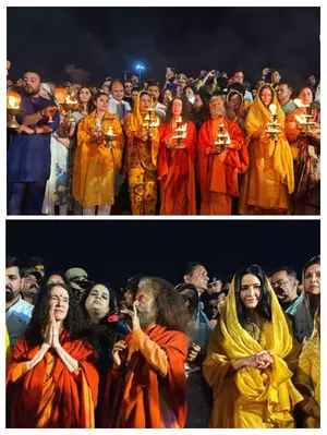 Katrina Kaif and Raveena Tandon attend the Ganga Aarti during Maha Kumbh