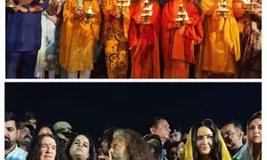 Katrina Kaif and Raveena Tandon attend the Ganga Aarti during Maha Kumbh