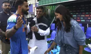 Champions Trophy: Virat-Anushka share a warm hug after Indias title win in Dubai Champions Trophy: Virat-Anushka share a warm hug after Indias title win in Dubai