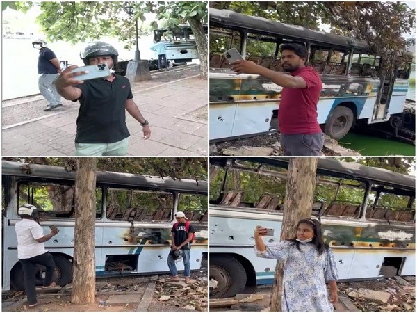 Burnt buses, submerged cars become selfie points outside Sri Lankas PM residence